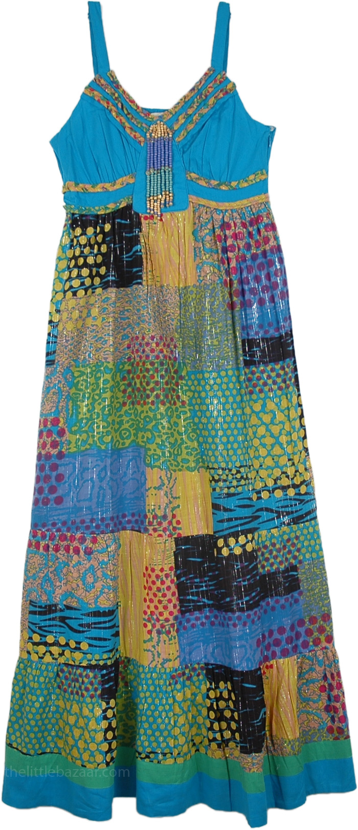 Tinsel Patchwork Ethnic Dress in Ocean Blue, Blue Chill Bohemian Patchwork Long Sundress