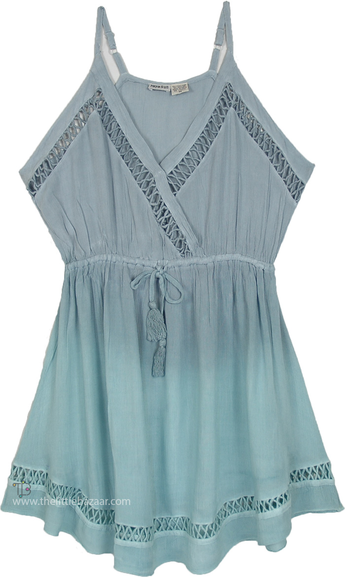 Blue Ombre Surplice Neck Mini Boho Dress