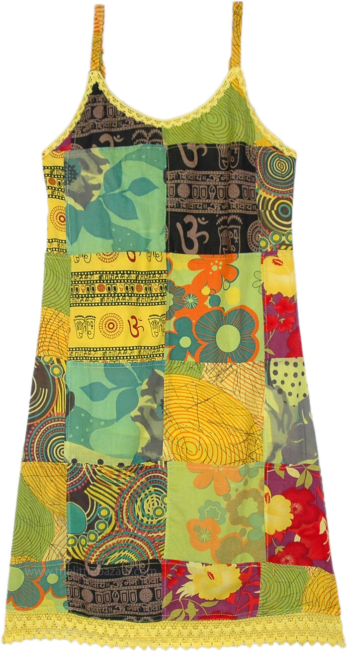 Ethnic Sun Patchwork Boho Hippie Dress, Dresses, Yellow