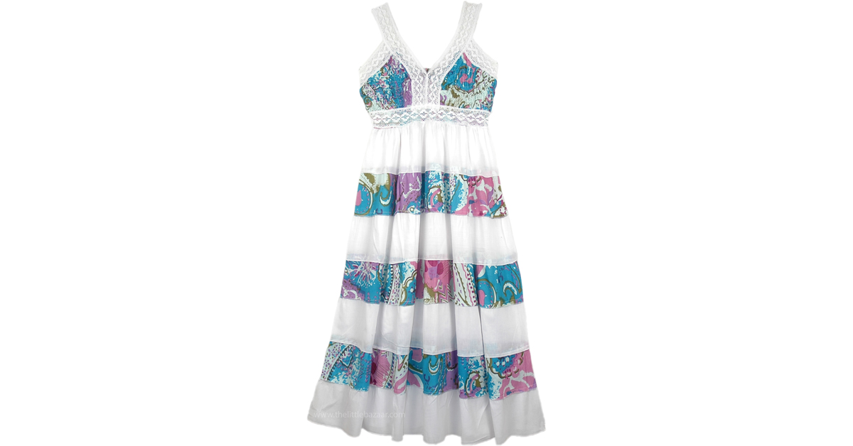 White Blue Floral Summer Long Dress | Dresses | White | Sleeveless ...
