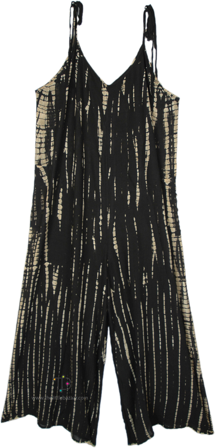 70s Style Black and Cream Tie Dye Jumpsuit