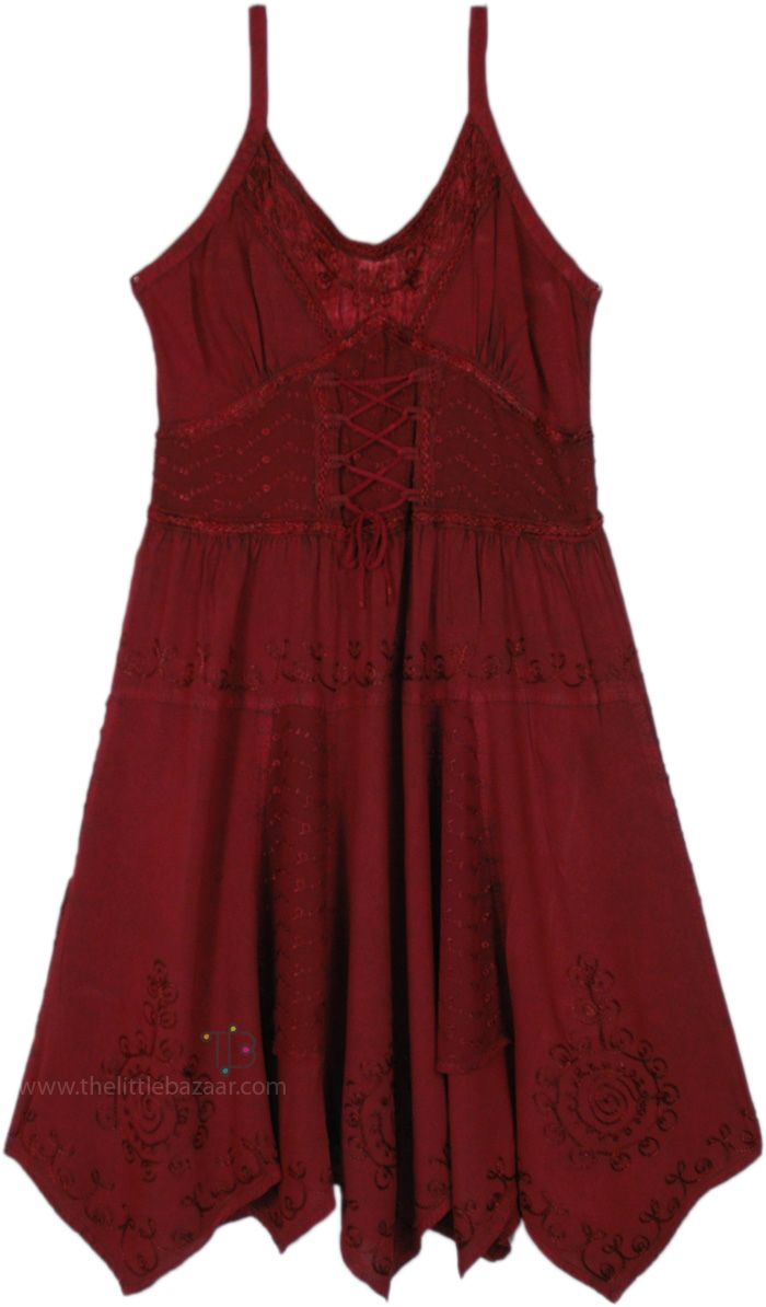 Spaghetti Straps Medieval Style Embroidered Rayon Dress, Red Fairy Long Dress with Embroidery and Smocked Back