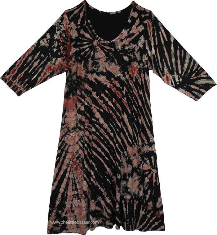 Boho Chic Tie Dye Black Red Dress, Spicy Mix Tie Dye Scoop Neck Mid Length Dress