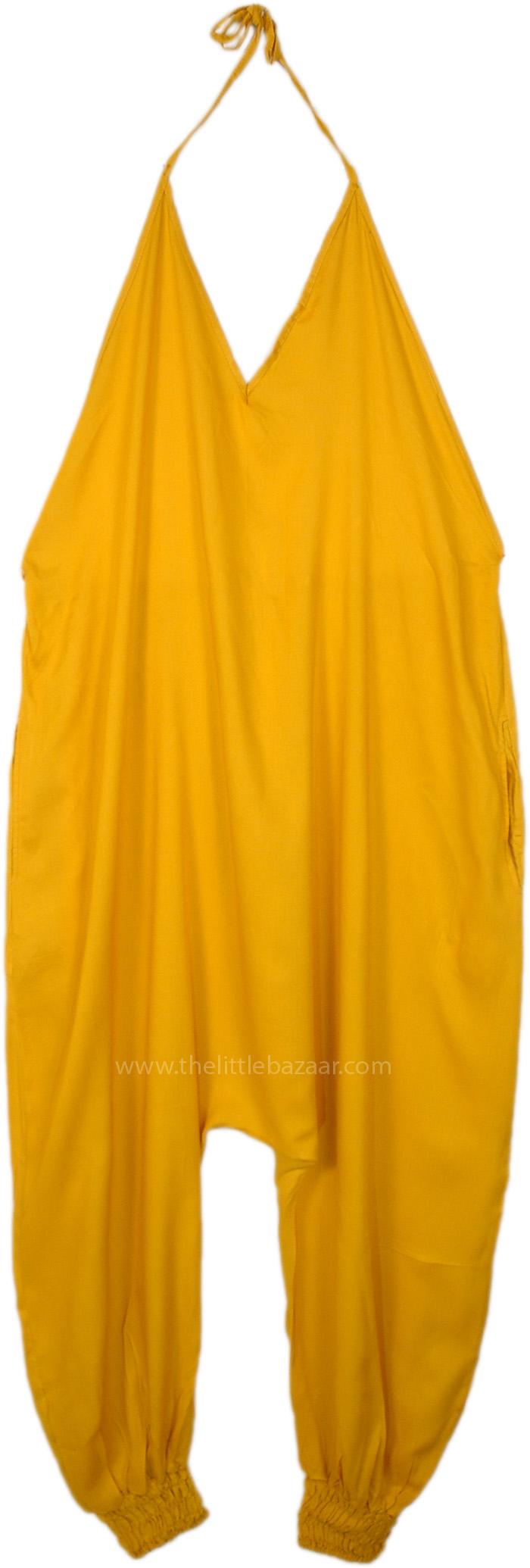 Boho Yellow  Overalls with Side Pockets, Yellow Summer Harem Halter Jumpsuit