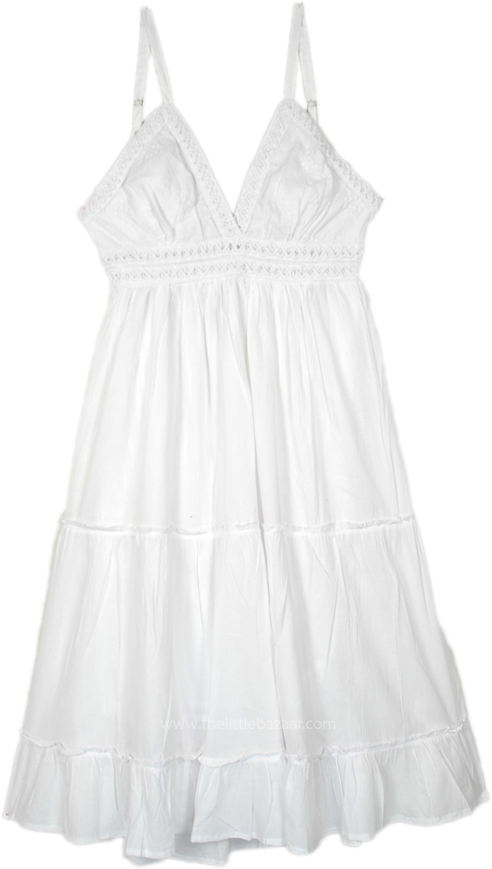 Boho Sleeveless Dress with Lace Details and Smocked Back, Shining Ice White Spaghetti Strap Dress