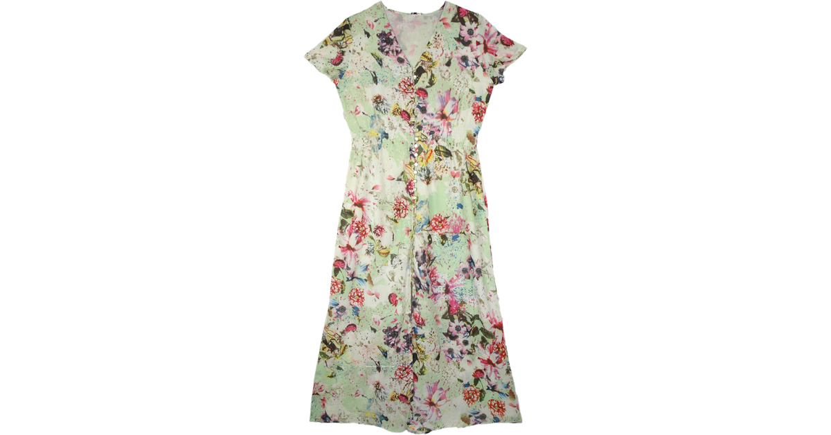 Garden Musk Floral Cotton Long Dress | Dresses | Green | Sleeveless ...