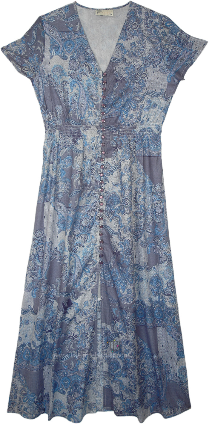 Cotton Dress with Floral Leaves Print and Buttons, Blue Gray Paisley Button Up Cotton Long Dress