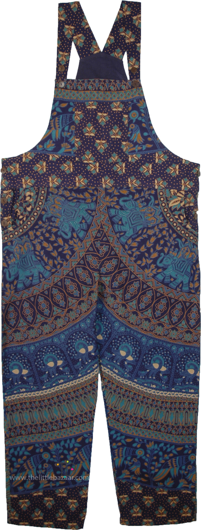 Hippie Chic Sleeveless Cotton Blue Print Overalls , Marine Blue Hippie Print Lounging Overalls