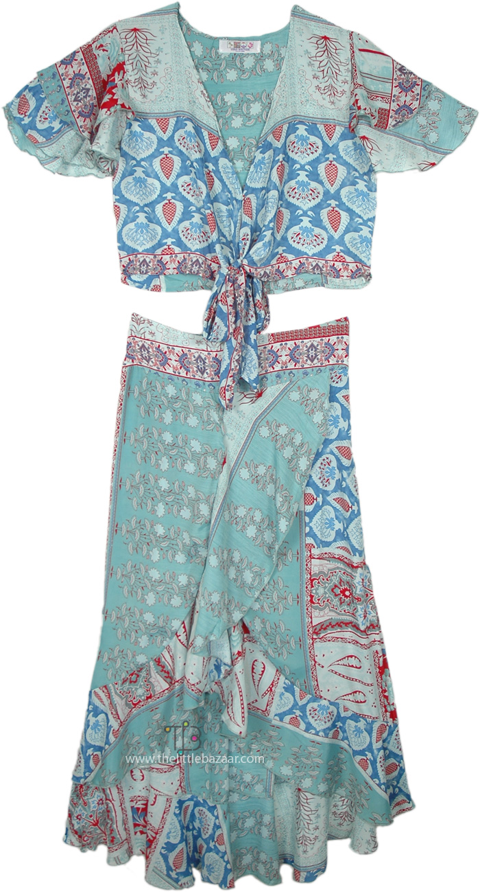 Eastern Sleeve Printed Dress Set, Boho Short Sleeve Top and Skirt Coord Set