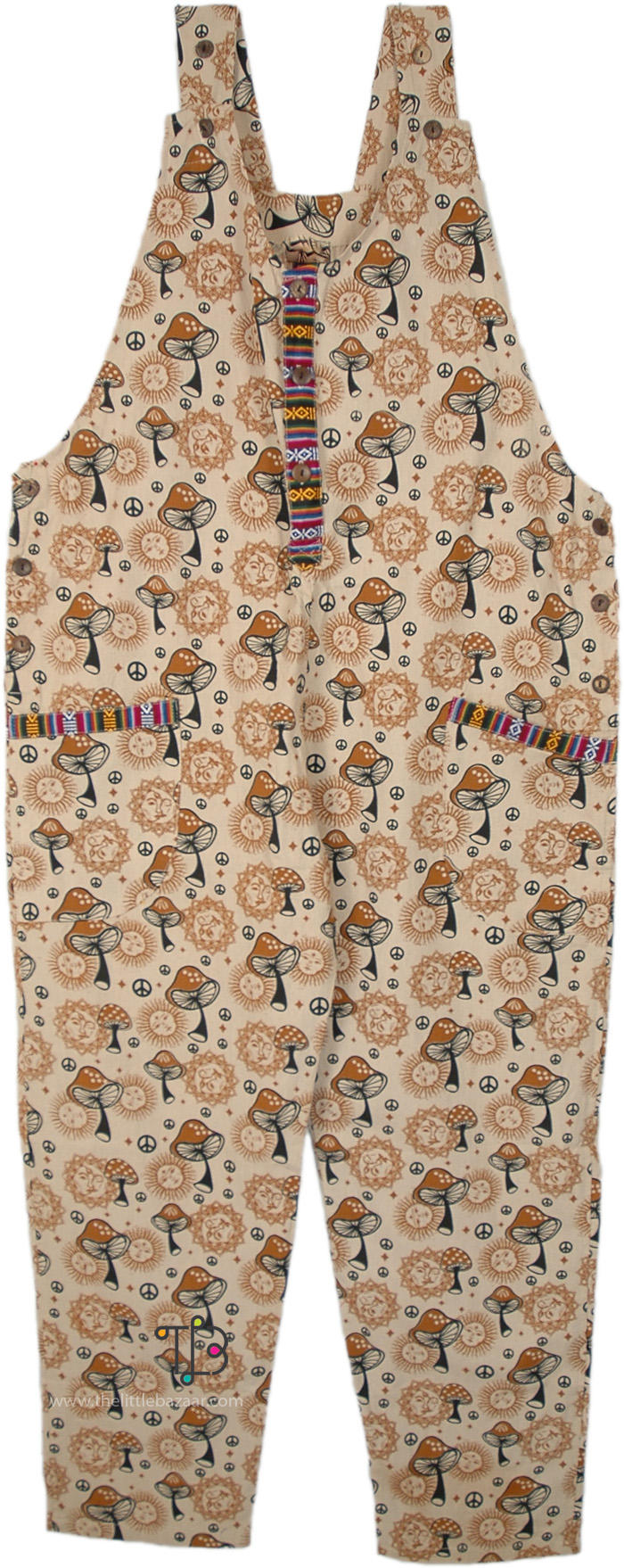 Woven Cotton Mushroom Overalls Jumpsuit, Shroom and Sun Unique Cotton Hippie Overalls