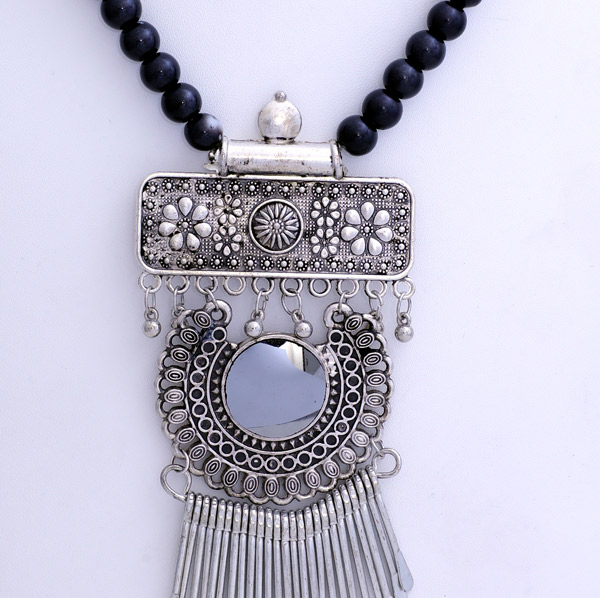 Boho Chic Black Necklace with Triple Silver Pendant, Jewelry, Black