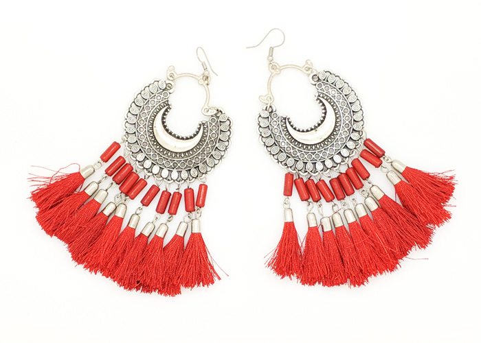 Red and Silver Boho Earrings, Festive Red Tassel Earrings
