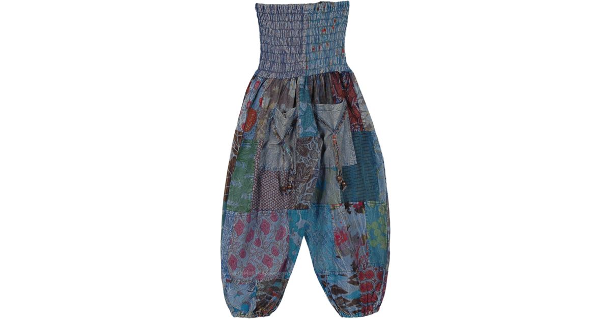 Kids Blue Toned Patchwork Smocked Harem Pants | Kids | Blue | Split ...