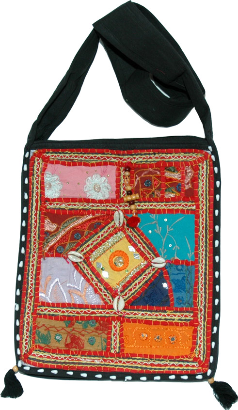 Black Embroidered Patchwork Handbag | Purses-Bags | Multicoloured ...