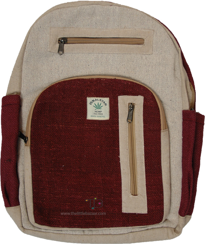 Earthy Hemp Boho Backpack with Red Trim