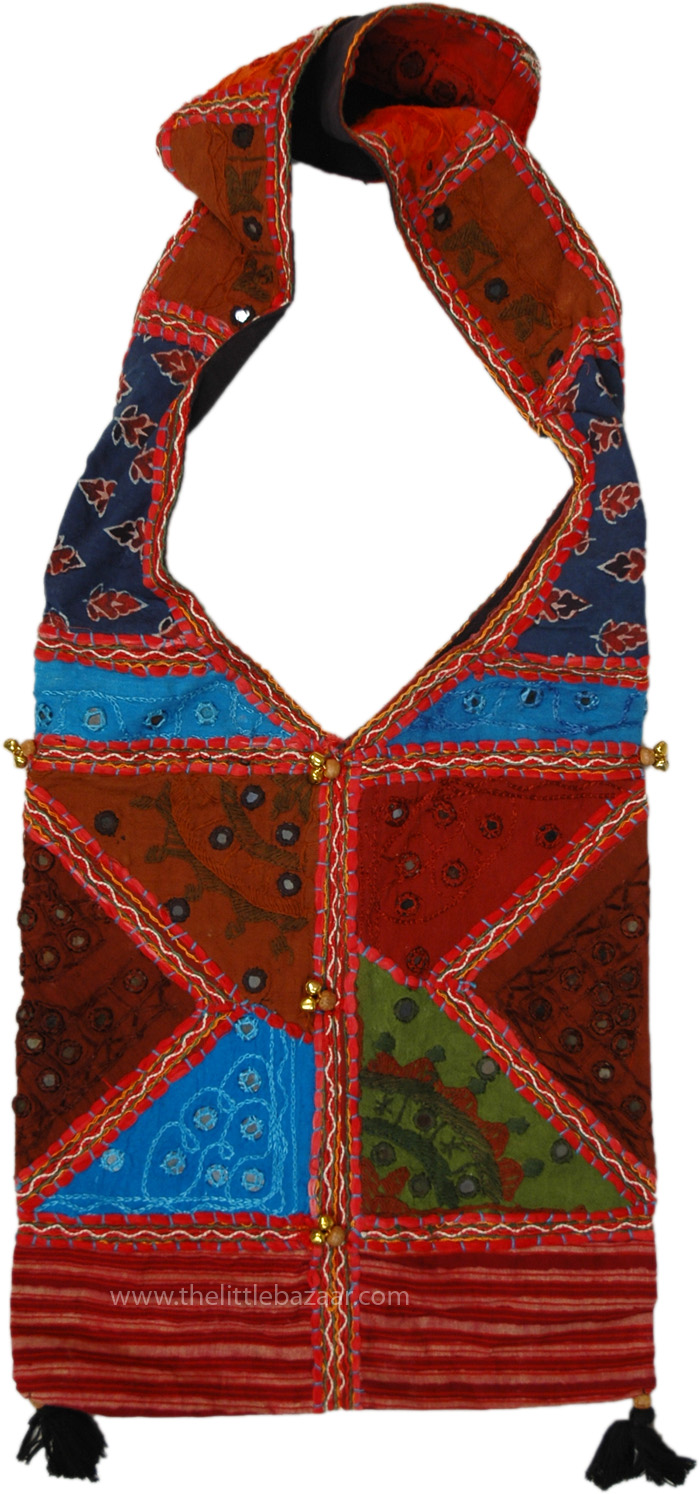 Indian Zig Zag Ethnic Patchwork Handbag with Embroidery, Festival Ready Sequin Boho Shoulder Bag