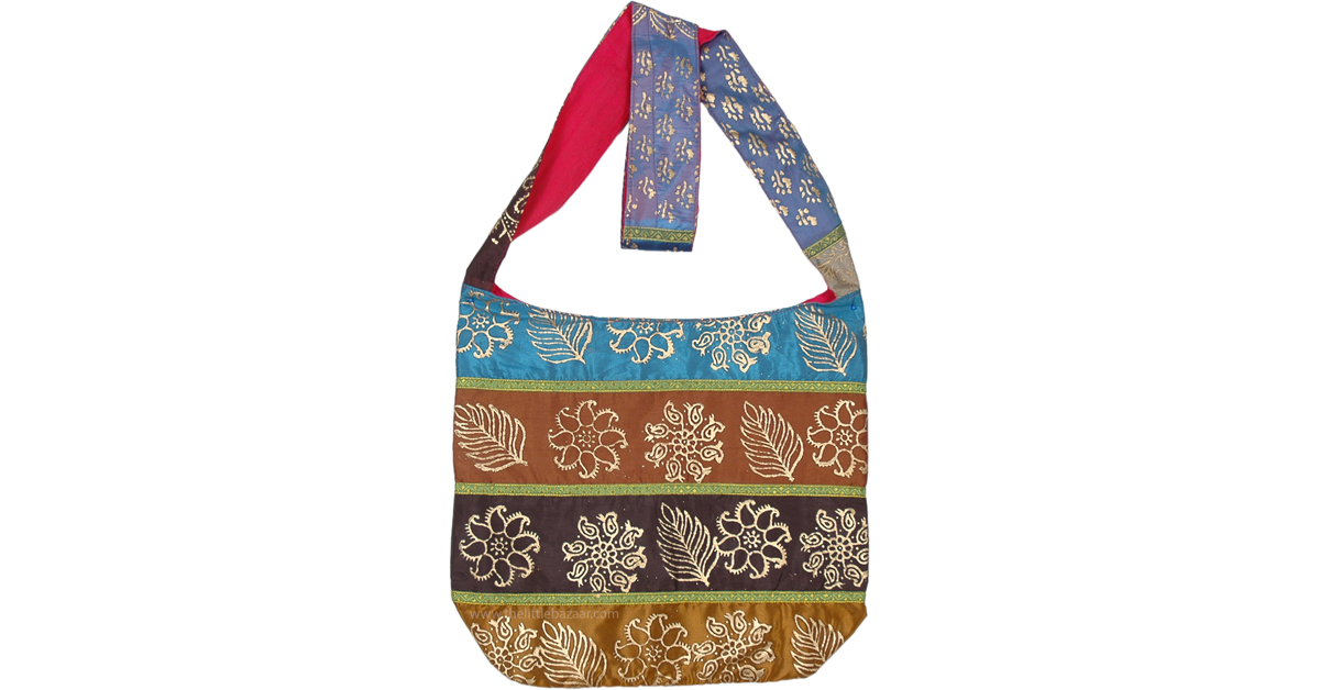 Boho Sling Bag with Golden Floral Paint Work, Purses-Bags, Multicoloured