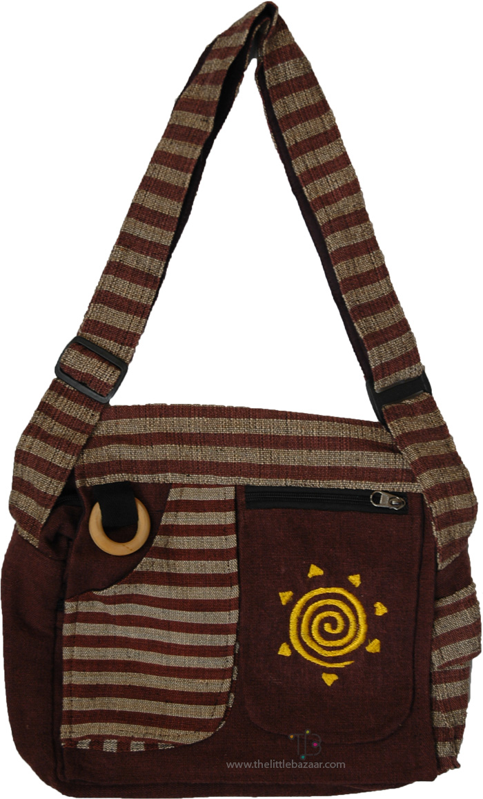 Sun-Embroidered Brown Festival Bag