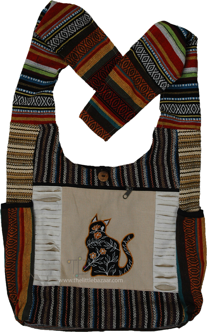 Vibrant Cat Outdoors Boho Shoulder Bag