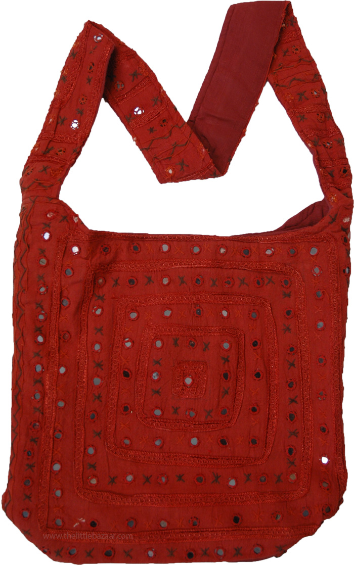 Brick Red Cross Body Boho Bag with Mirrors, Purses-Bags, Red