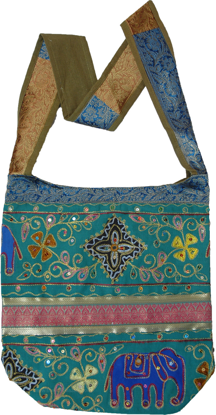 Zari and Thread Embroidery Aqua Green Hippie Bag, Purses-Bags, Blue