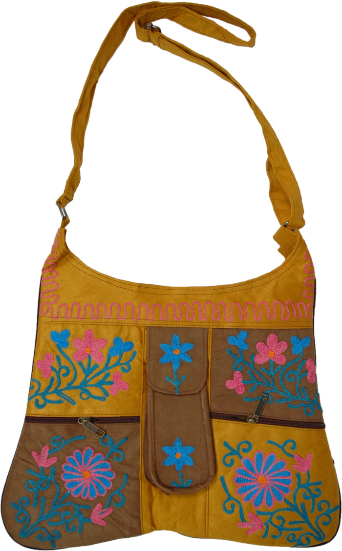 Embroidered Suede Shoulder Bag with Adjustable Strap