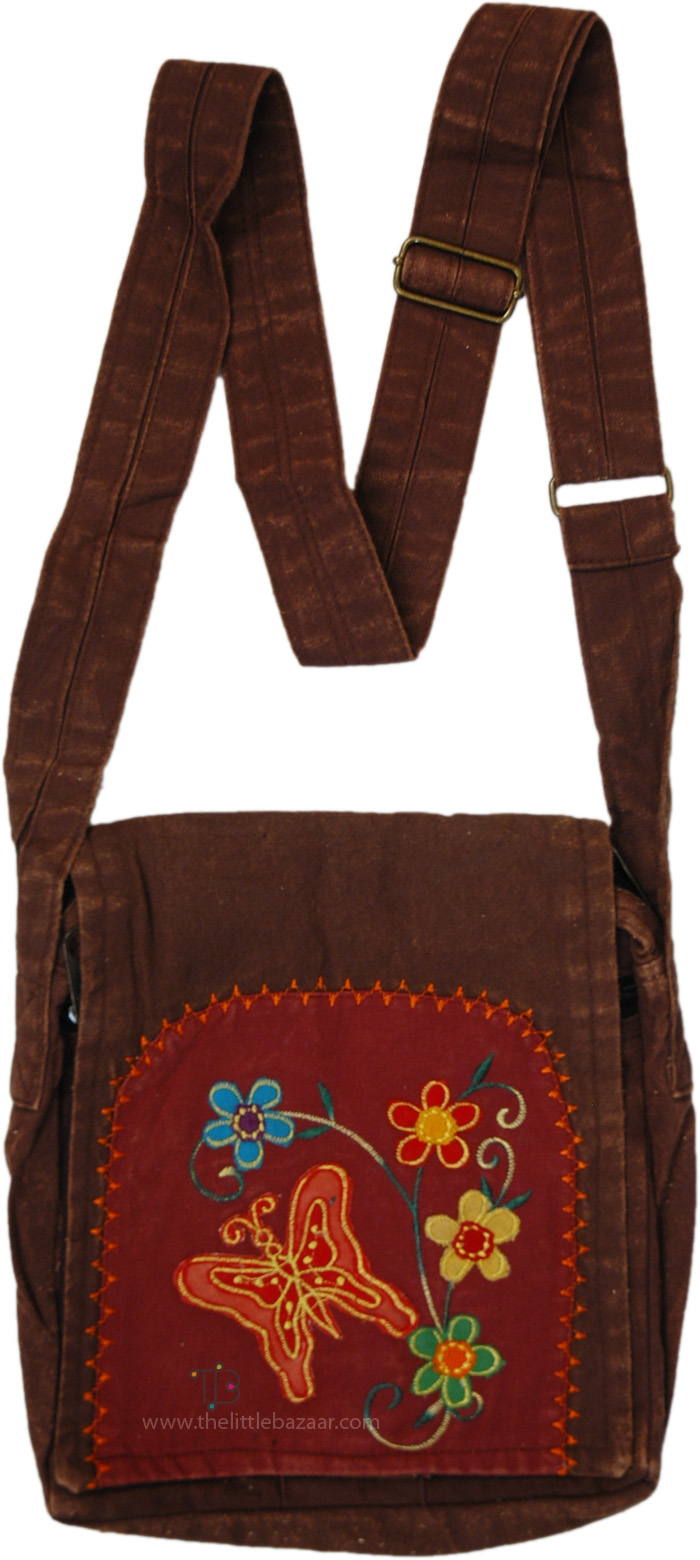 Organic Hippie Butterfly Bag with Pockets , Butterfly Garden Boho Messenger Flap Bag