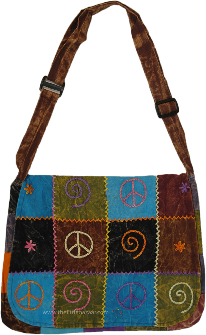 Book Bag with Hippie Patchwork, Earthy Harmony Patchwork Hippie Flap Bag