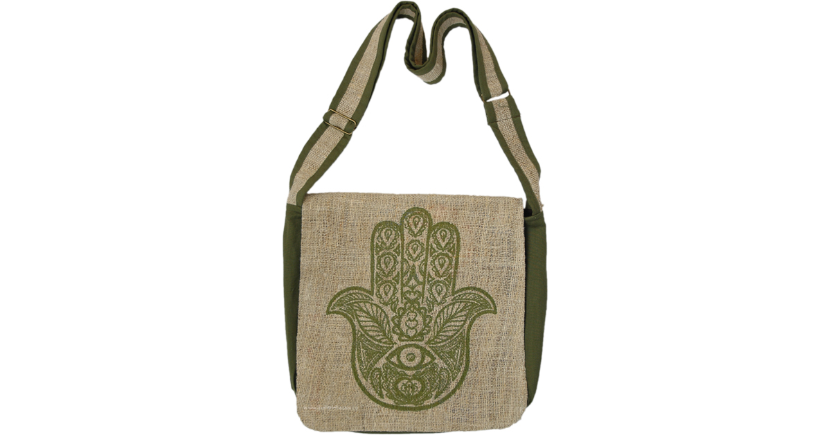 Hamsa Burlap Messenger Flap Hippie Style Bag Purses Bags Green Bohemian