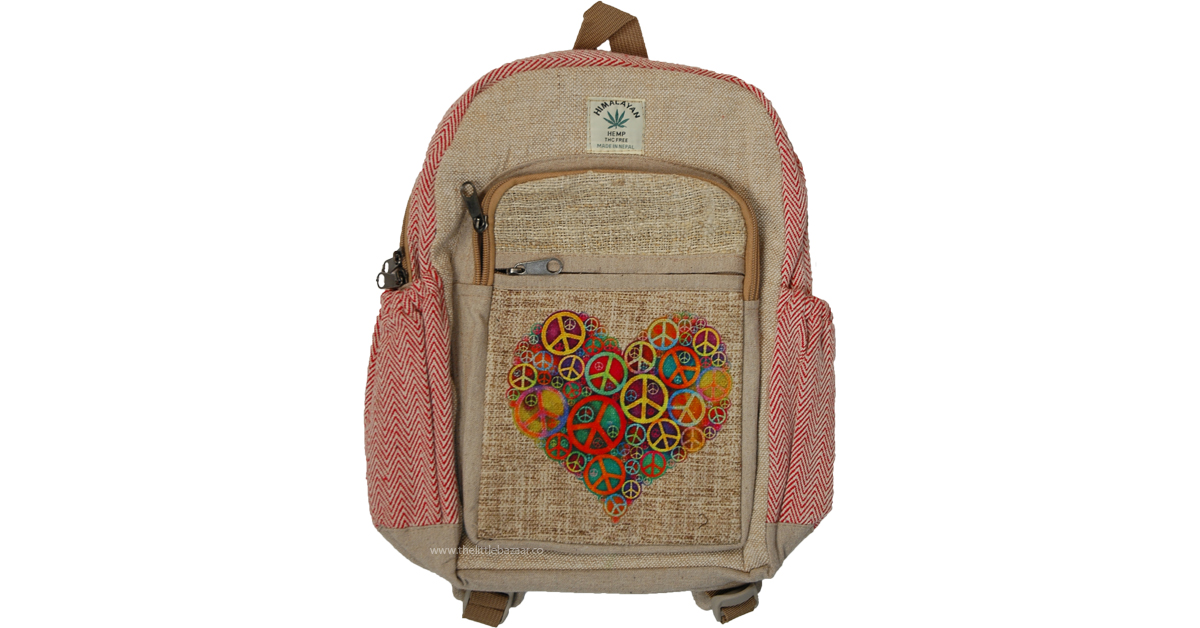 Peace and Love Cotton Stylish Hippie Backpack, Purses-Bags, Beige