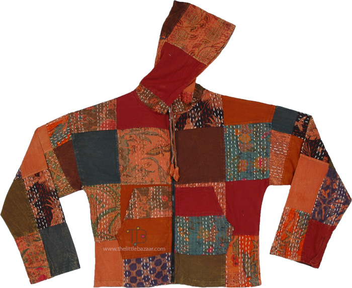 Rustic Autumn Patchwork Boho Hooded Cotton Jacket