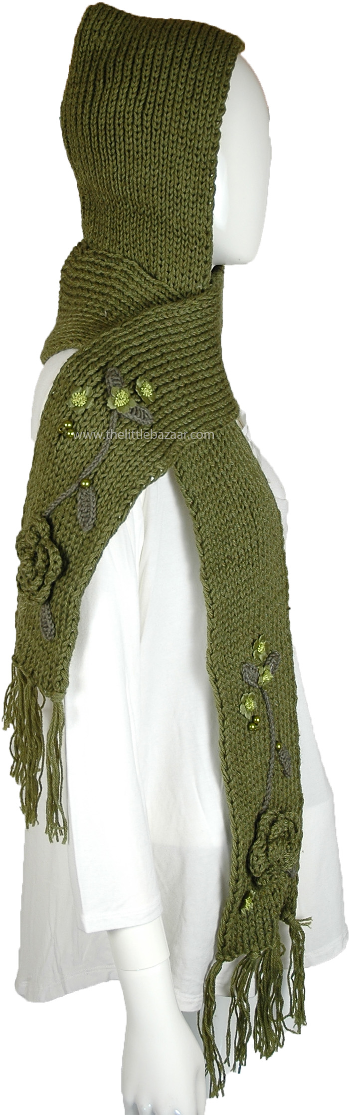 Cozy Boho Hooded Scarf with Floral Details