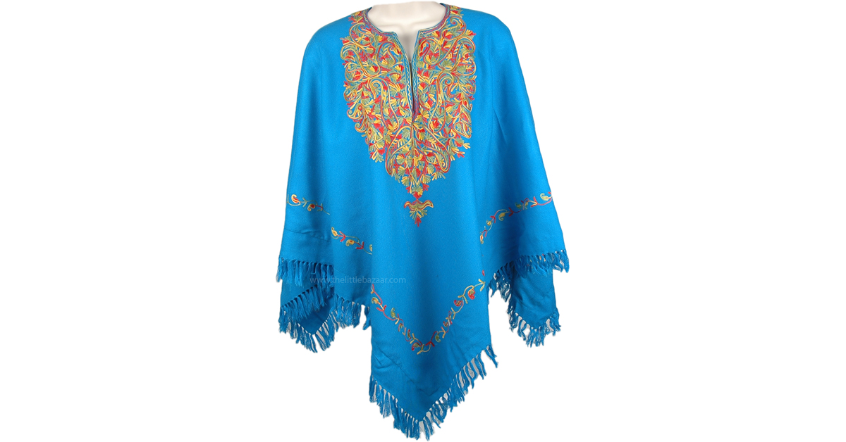 Boston Blue Paisley Fringed Wool Poncho | Scarf-Shawls | Gift