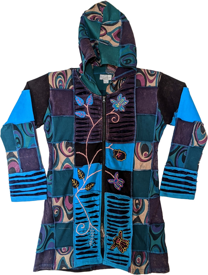 Turquoise Patchwork Long Zip Up Cotton Jacket in Small | Scarf-Shawls ...