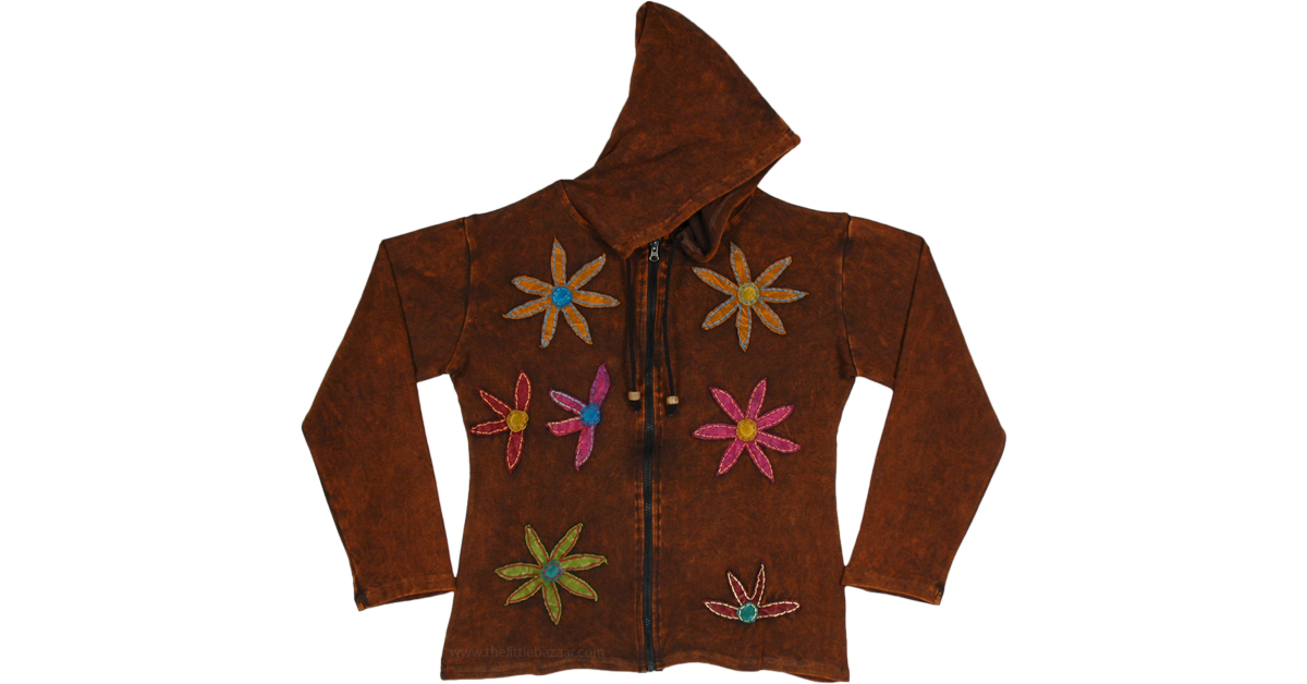 Stonewashed Brown Hippie Cotton Hoodie with Floral Appliques, Scarf-Shawls, Brown