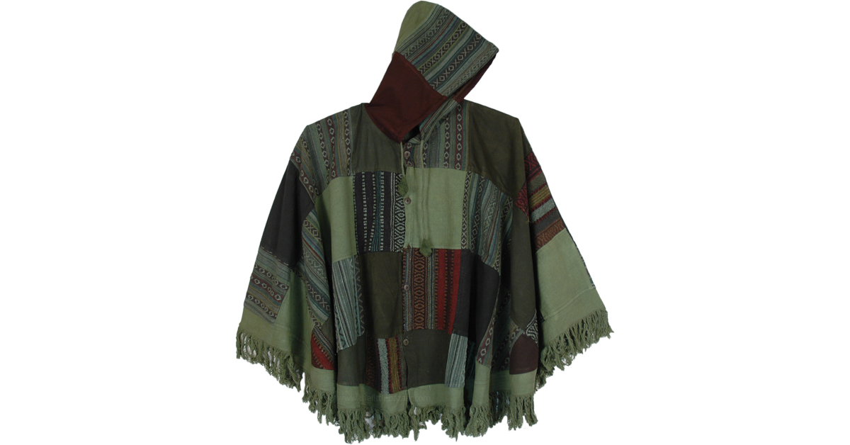 Green Toned Patchwork Poncho with Button Front and Fringes | Scarf