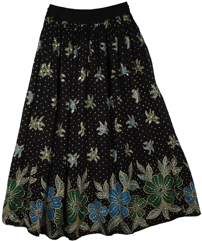 Sale:$9.99 Floral Coral Sequin Black Long Skirt | Clearance | Black ...