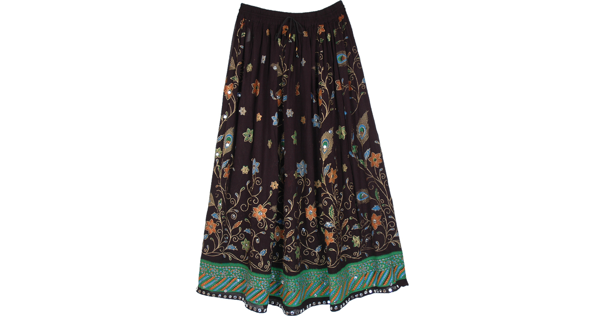 Festive Black Boho Sequined Peacock Floral Long Skirt | Sequin-Skirts ...