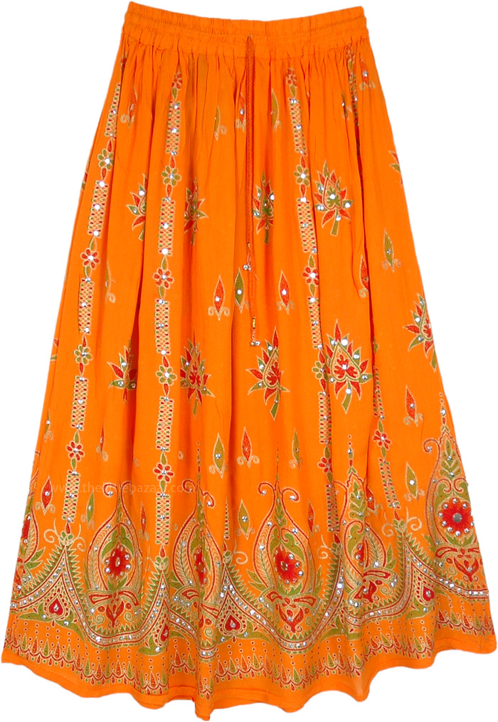 Ethnic Indian Skirt in Orange Color with Motifs and Sequins, Tangerine Festive Orange Skirt with Floral Motifs and Sequins