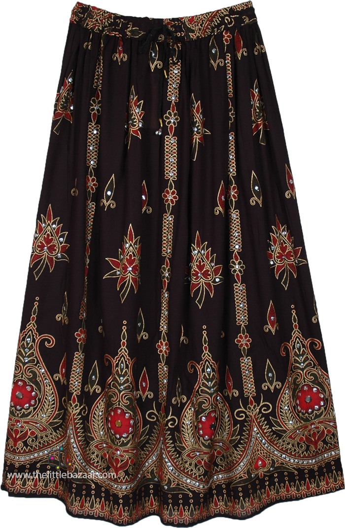 Black Red Silver Sequin Festive Skirt with Floral Motifs