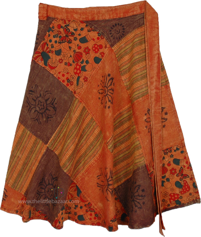 Terracotta Hippie Patchwork Midi Wrap Skirt