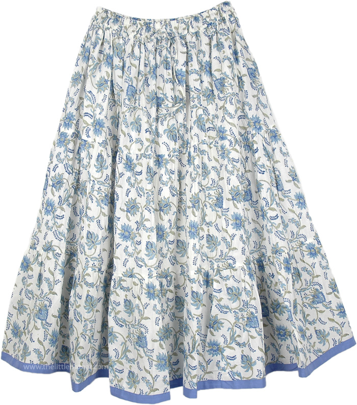 Hydrangea Blue Cotton Summer Knee Length Skirt | Short-Skirts | White ...