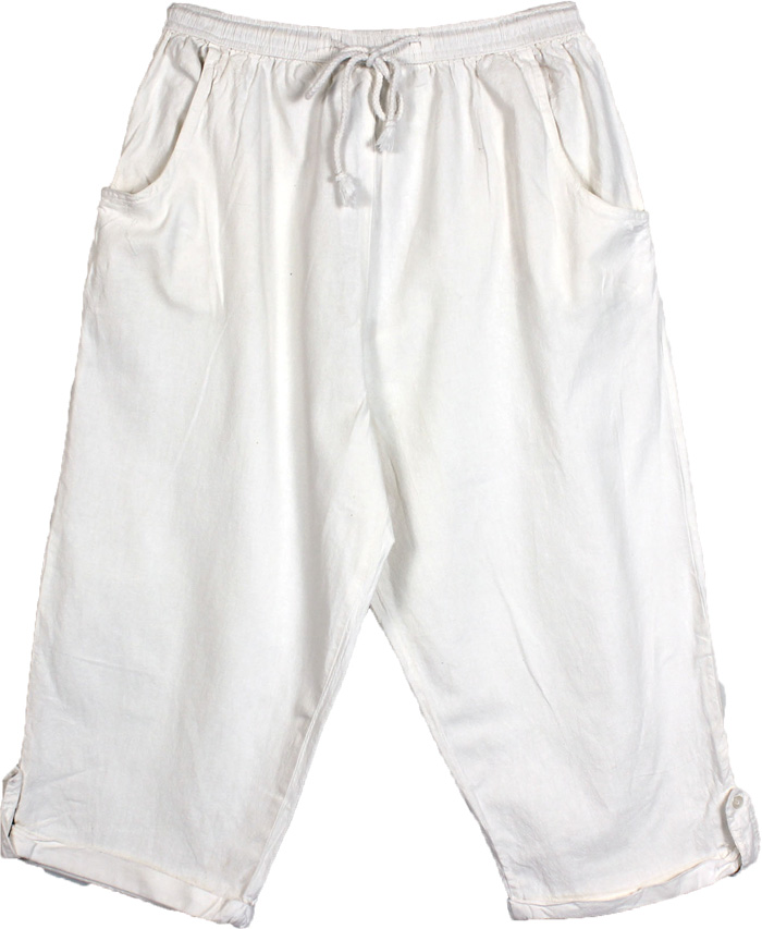 Solid White Rayon Shorts with Front Pockets and Drawstrings