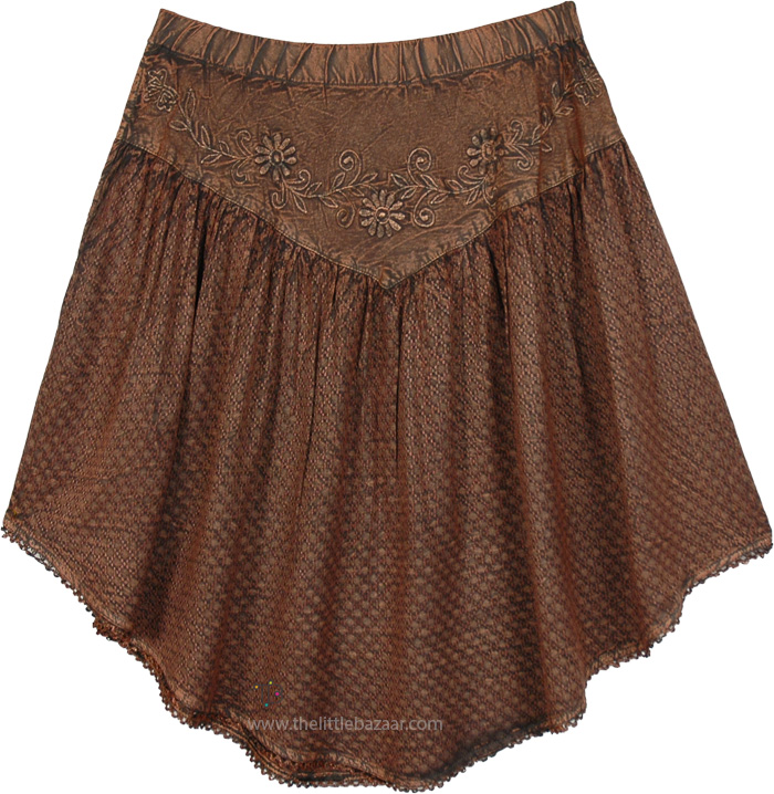 Rustic Brown Scalloped Western Boho Short Skirt