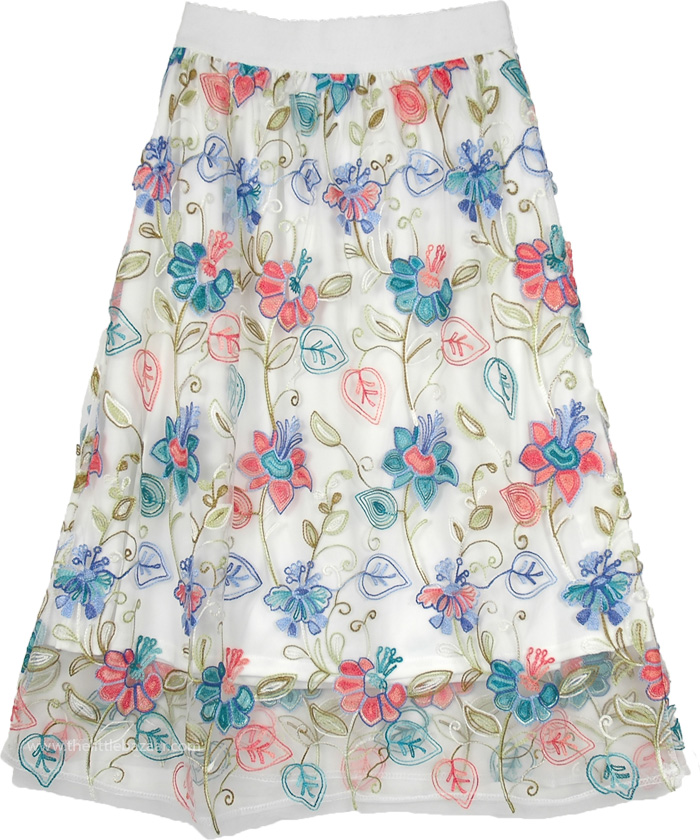 Russian Floral Pattern White Skirt with Pink-Blue Embroidery - Short ...