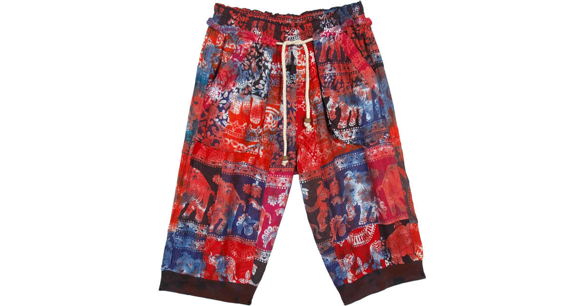 Funky Elephant Print Red Splash Long Shorts