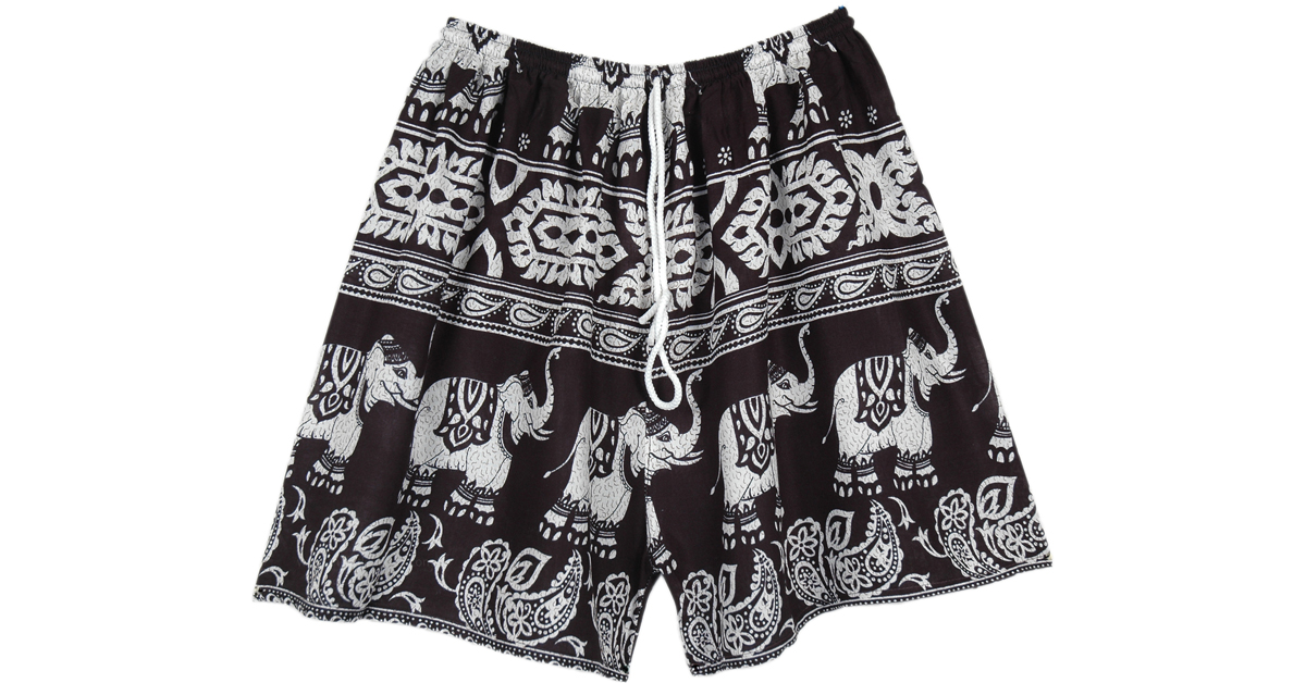 Elephant Printed Black and White Shorts with Drawstring | Shorts ...