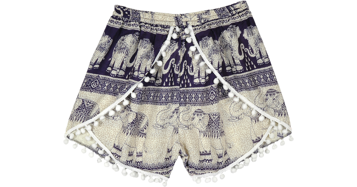 Summer Festival Ethnic Beach Gypsy Boho - Elephant Print SHORTS with Pom  Poms