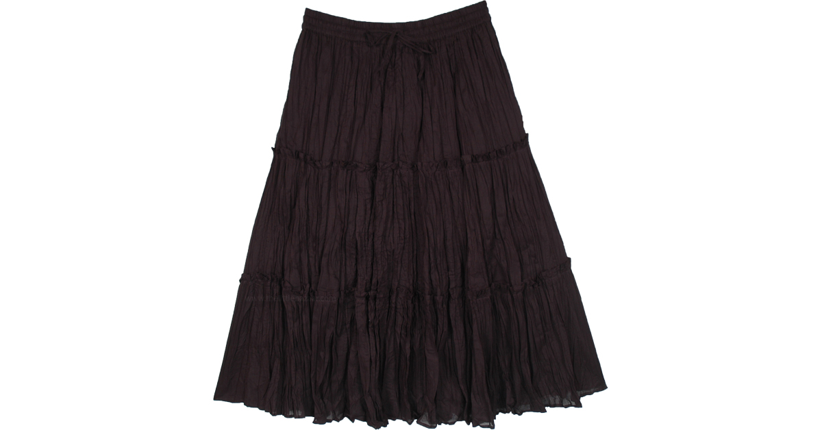Flared Black Cotton Voile Knee Length Skirt with Crinkle | Short