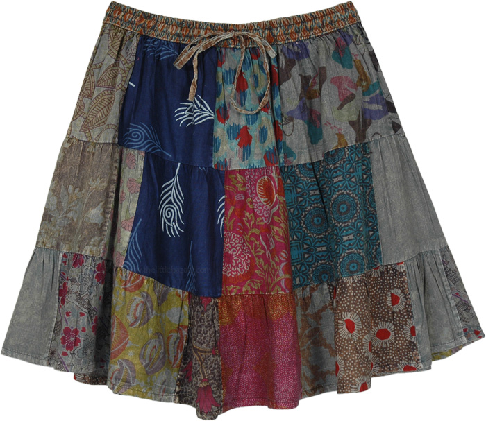 Grey Patchwork Multi Print Cotton Short Skirt | Short-Skirts | Grey ...